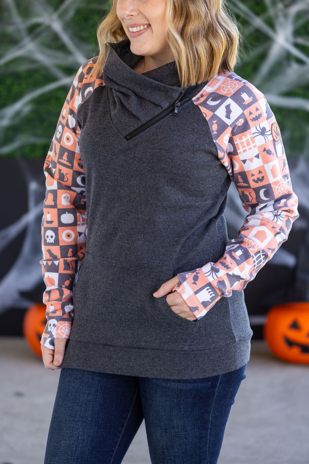 Zoey ZipCowl Sweatshirt -Trick-or-Treat Checkered and Charcoal